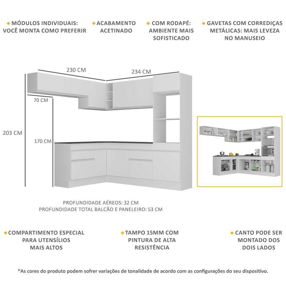 Armário de Cozinha Completa de Canto com Rodapé Veneza Multimóveis V2105  Branco