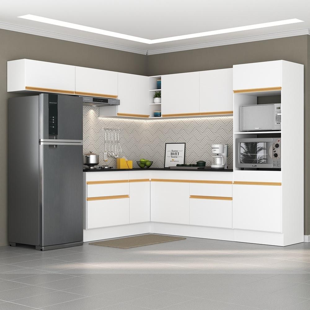 Armário de Cozinha Completa de Canto com Rodapé Veneza Multimóveis V2105  Branco/Dourado