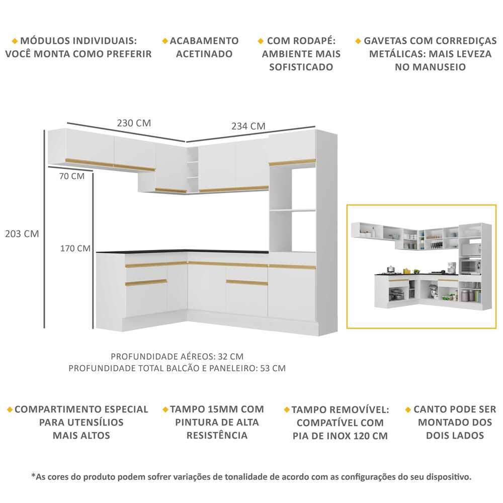 Armário de Cozinha Completa de Canto com Rodapé Veneza Multimóveis V2105  Branco/Dourado