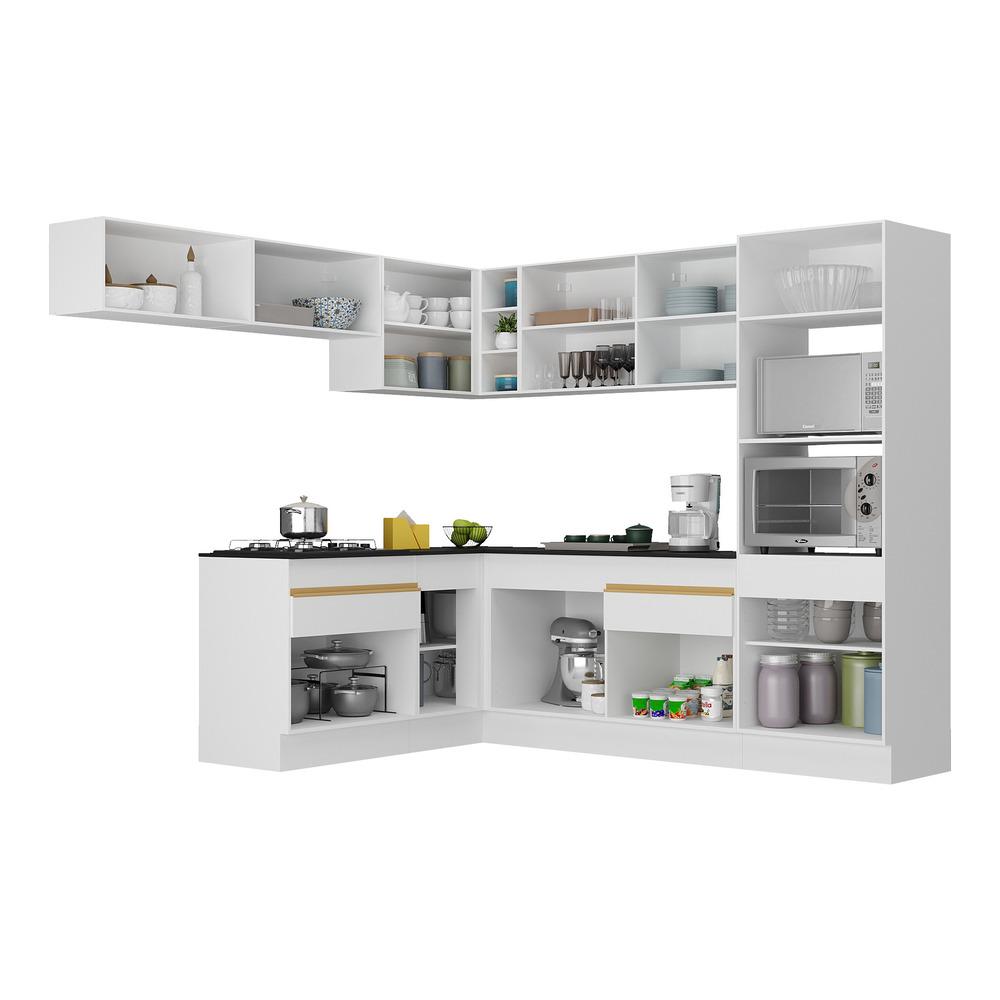Armário de Cozinha Completa de Canto com Rodapé Veneza Multimóveis V2105  Branco/Dourado