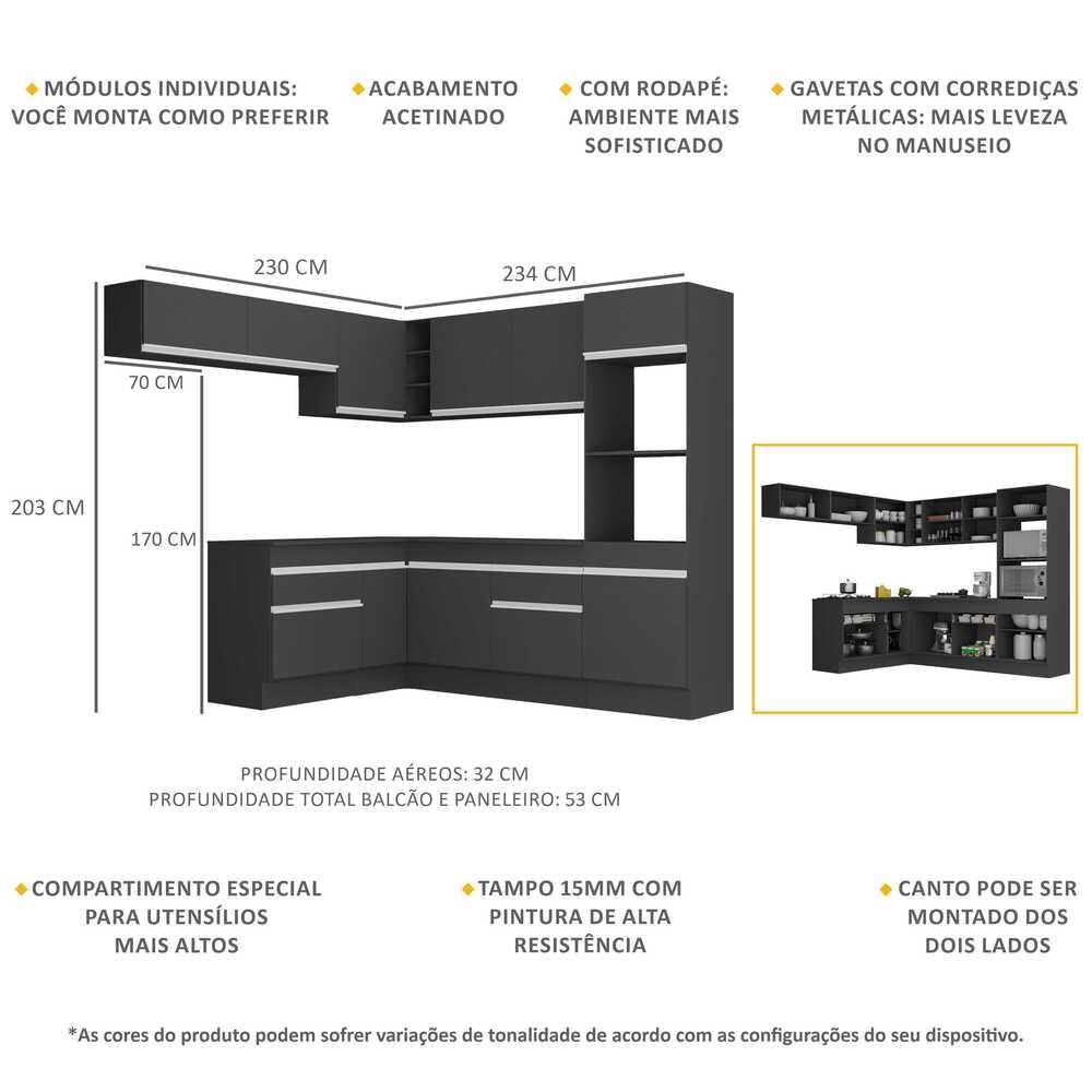 Armário de Cozinha Completa de Canto com Rodapé Veneza Multimóveis V2105  Preto/Branco