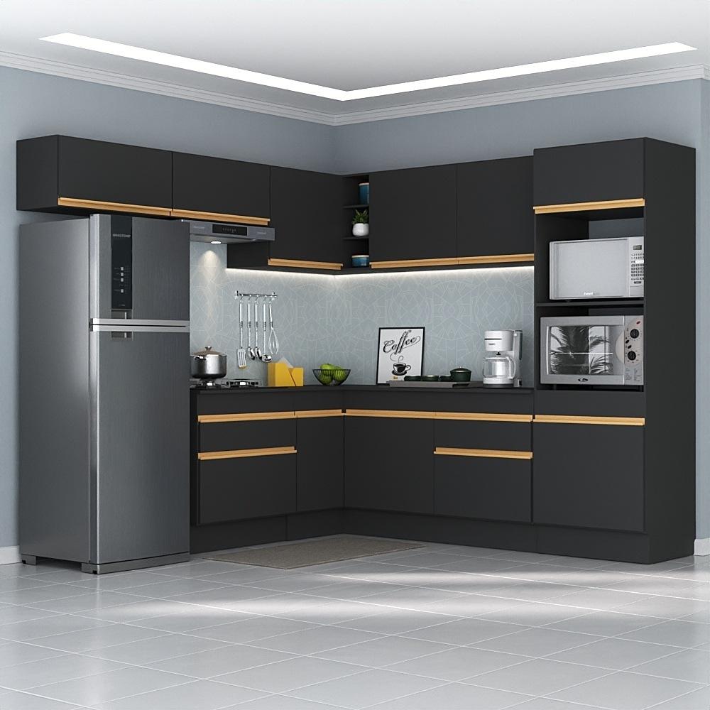 Armário de Cozinha Completa de Canto com Rodapé Veneza Multimóveis V2105  Preto/Dourado