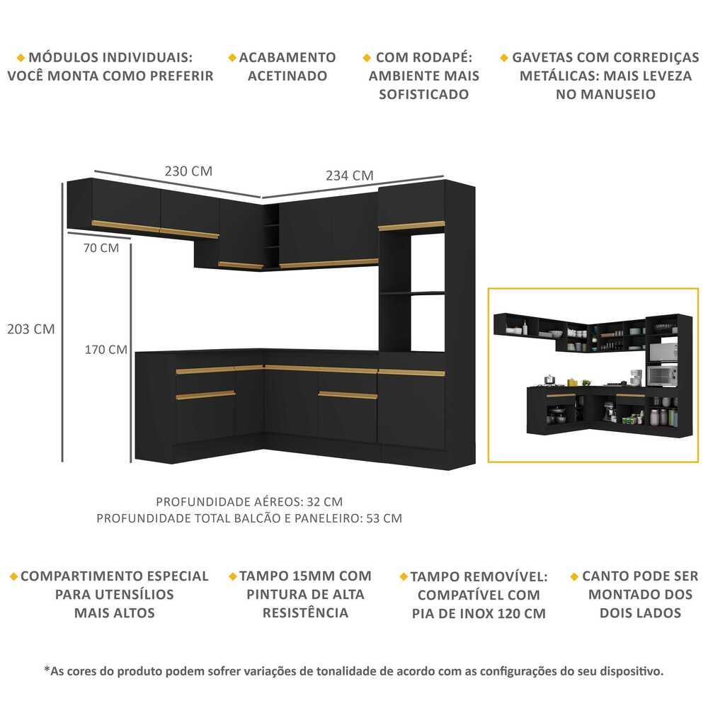 Armário de Cozinha Completa de Canto com Rodapé Veneza Multimóveis V2105  Preto/Dourado