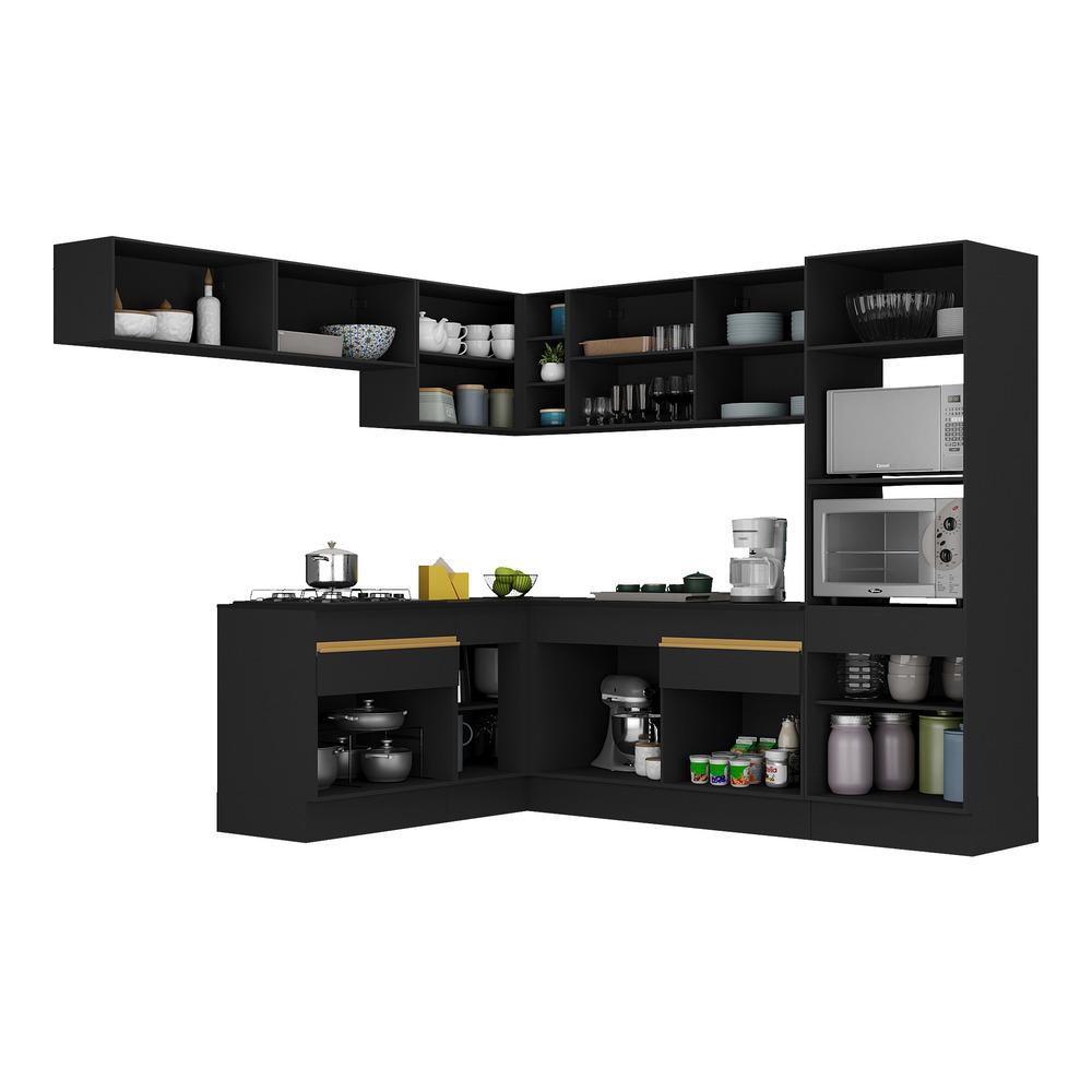 Armário de Cozinha Completa de Canto com Rodapé Veneza Multimóveis V2105  Preto/Dourado