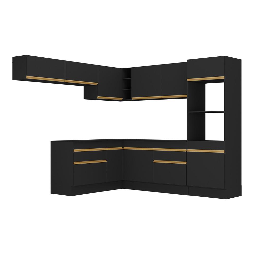 Armário de Cozinha Completa de Canto com Rodapé Veneza Multimóveis V2105  Preto/Dourado
