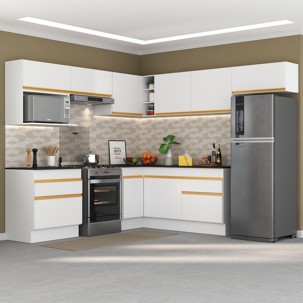 Armário de Cozinha Completa de Canto com Rodapé Veneza Multimóveis V2106  Branco/Dourado