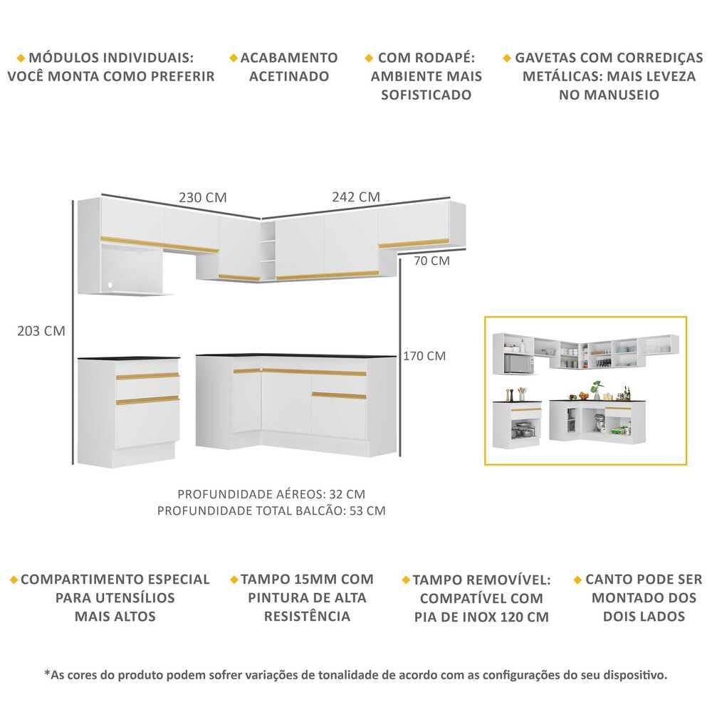 Armário de Cozinha Completa de Canto com Rodapé Veneza Multimóveis V2106  Branco/Dourado