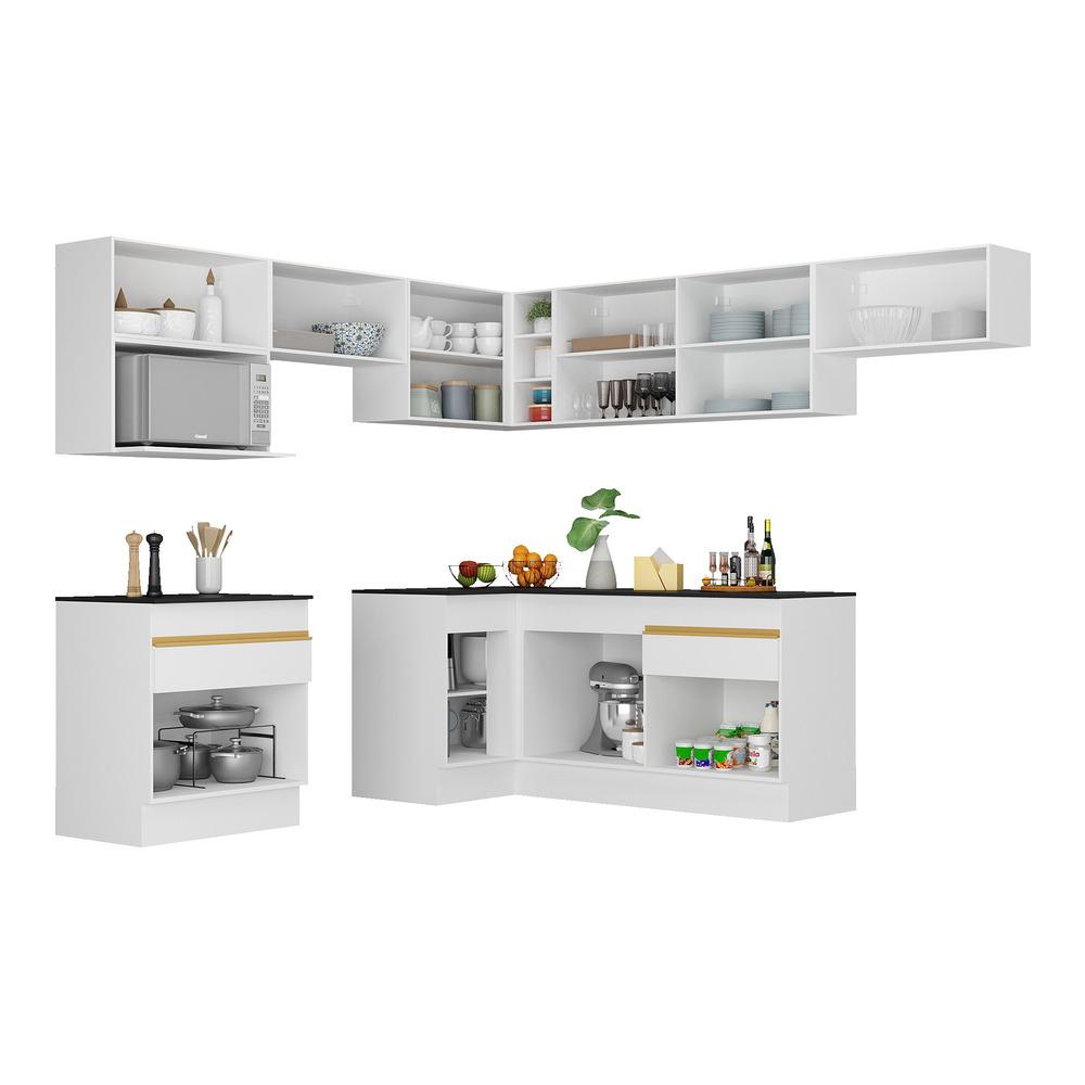 Armário de Cozinha Completa de Canto com Rodapé Veneza Multimóveis V2106  Branco/Dourado