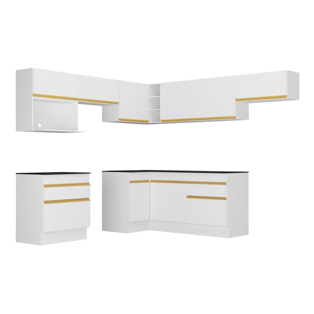 Armário de Cozinha Completa de Canto com Rodapé Veneza Multimóveis V2106  Branco/Dourado