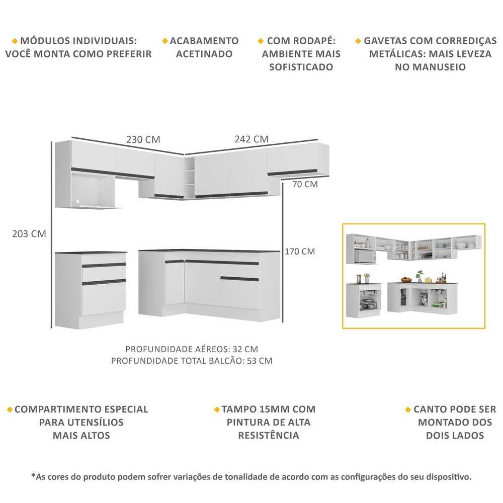 Armário de Cozinha Completa de Canto com Rodapé Veneza Multimóveis V2106  Branco/Preto