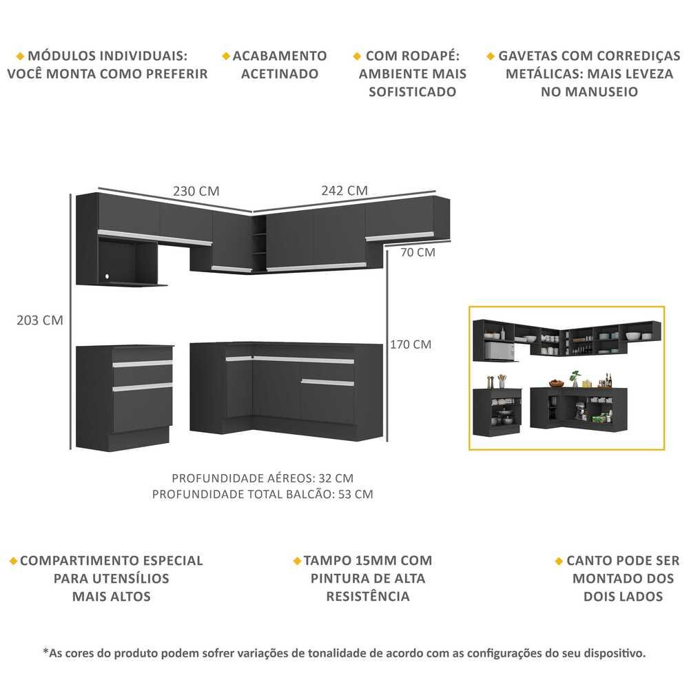Armário de Cozinha Completa de Canto com Rodapé Veneza Multimóveis V2106  Preto/Branco