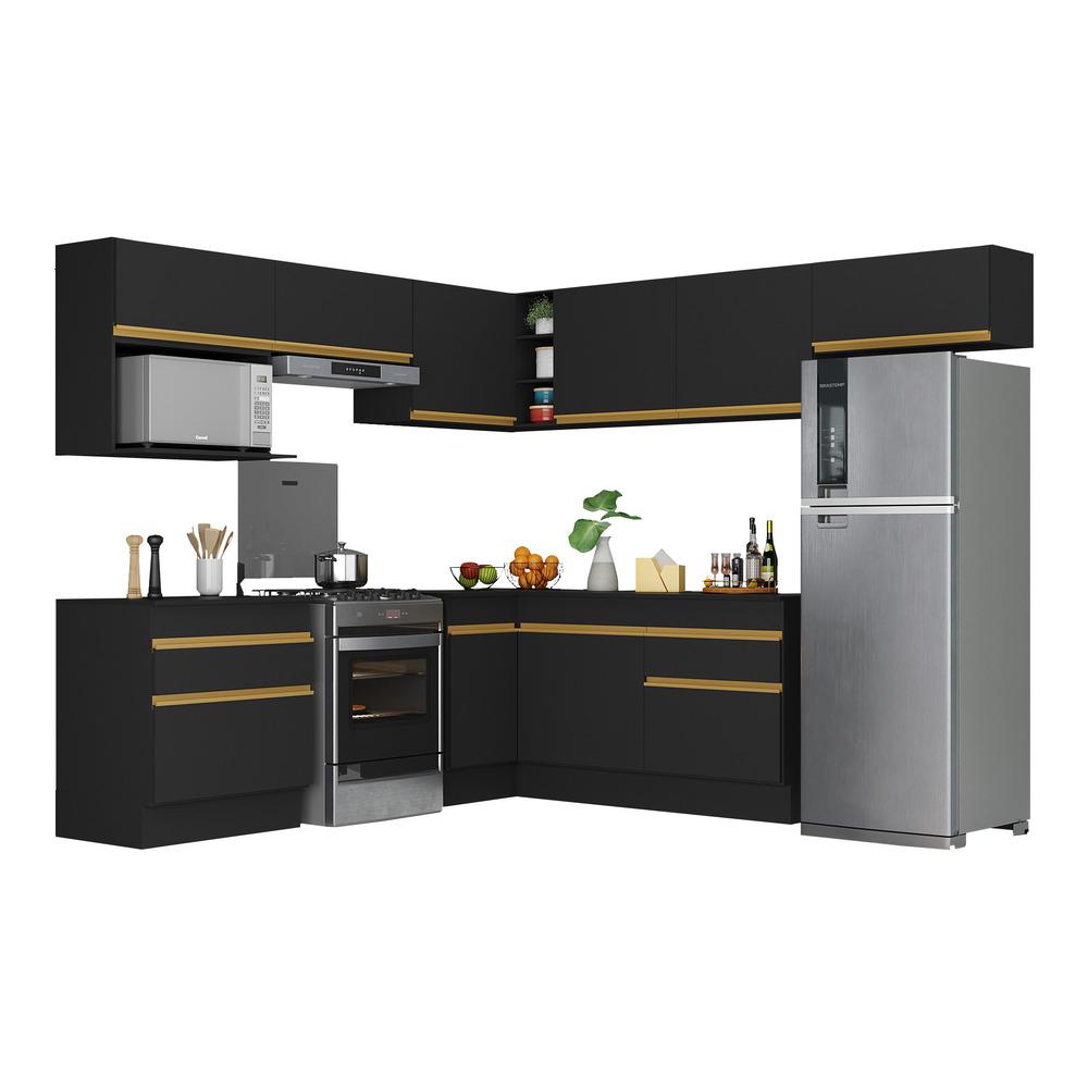 Armário de Cozinha Completa de Canto com Rodapé Veneza Multimóveis V2106  Preto/Dourado