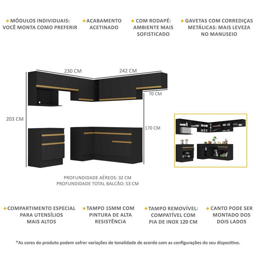 Armário de Cozinha Completa de Canto com Rodapé Veneza Multimóveis V2106  Preto/Dourado