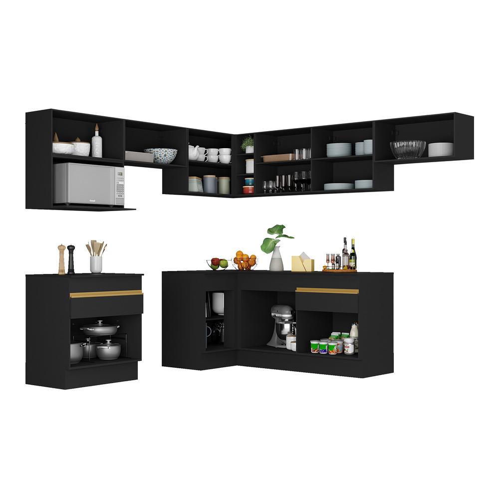Armário de Cozinha Completa de Canto com Rodapé Veneza Multimóveis V2106  Preto/Dourado