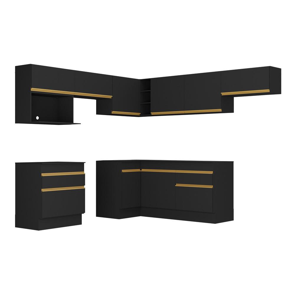 Armário de Cozinha Completa de Canto com Rodapé Veneza Multimóveis V2106  Preto/Dourado