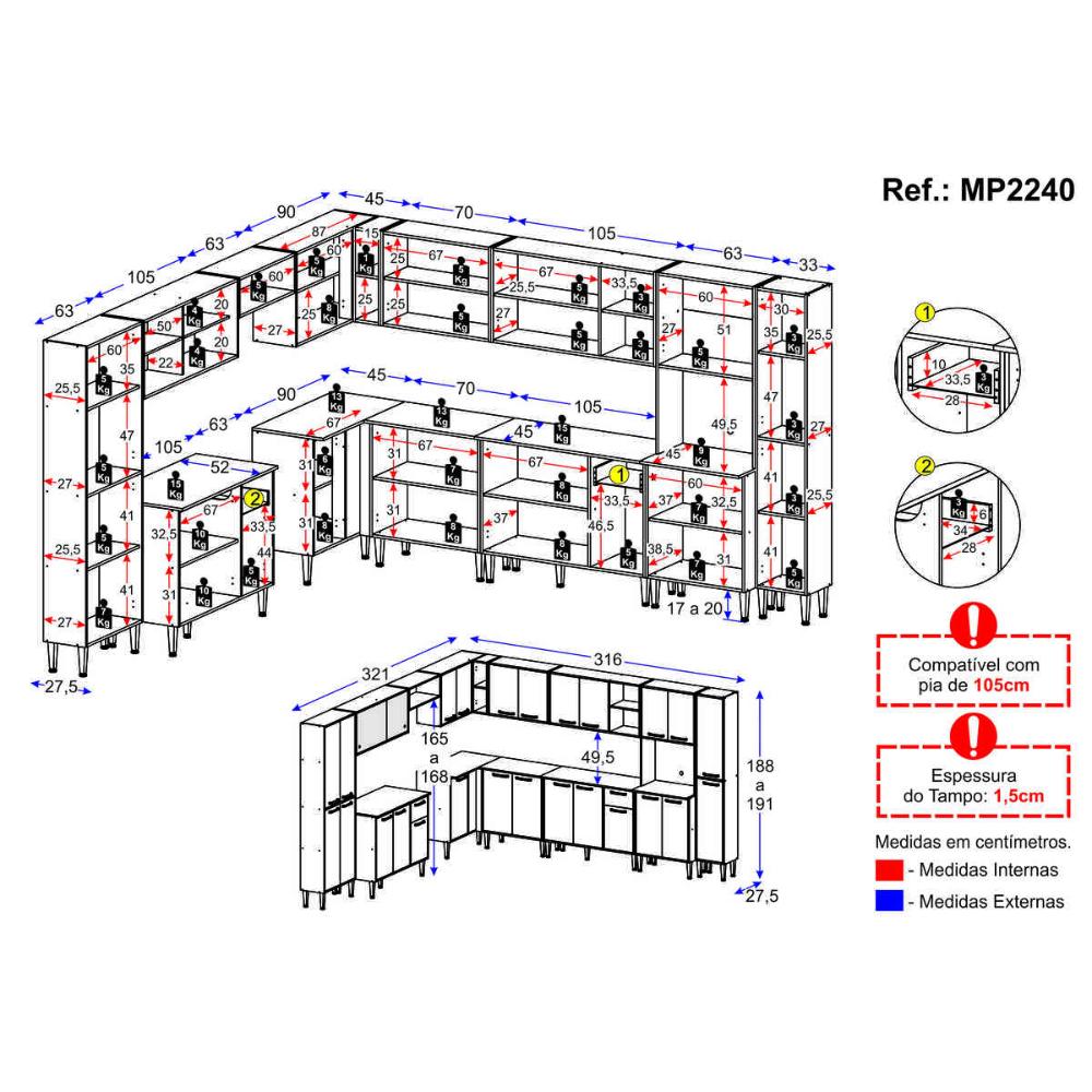 Armário de Cozinha Modulada 12 Pçs com Balcão de Pia Siena Multimóveis MP2240 Branco