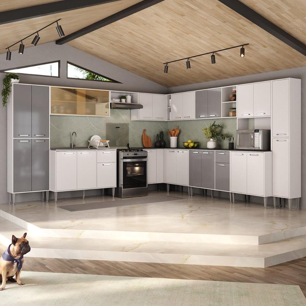 Armário de Cozinha Modulada 12 Pçs com Balcão de Pia Siena Multimóveis MP2240 Branco/Lacca Fumê