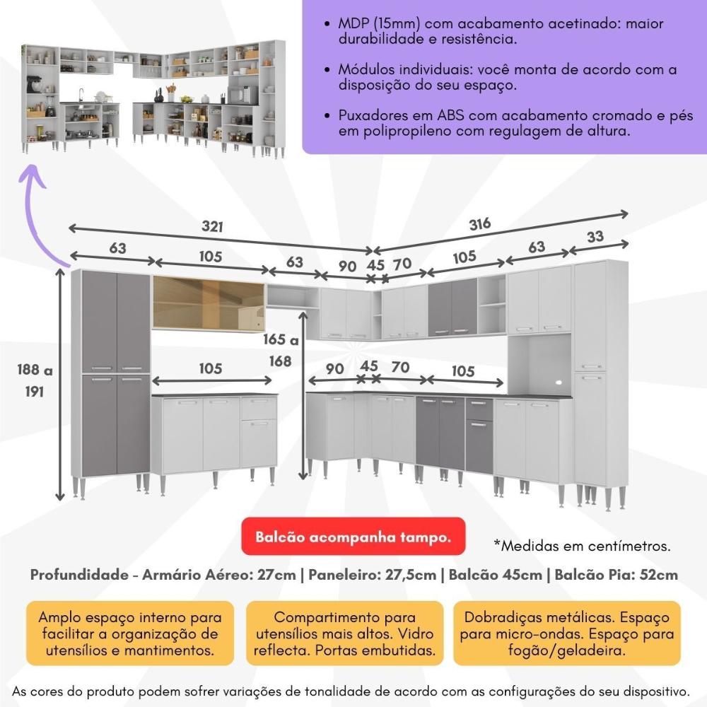 Armário de Cozinha Modulada 12 Pçs com Balcão de Pia Siena Multimóveis MP2240 Branco/Lacca Fumê