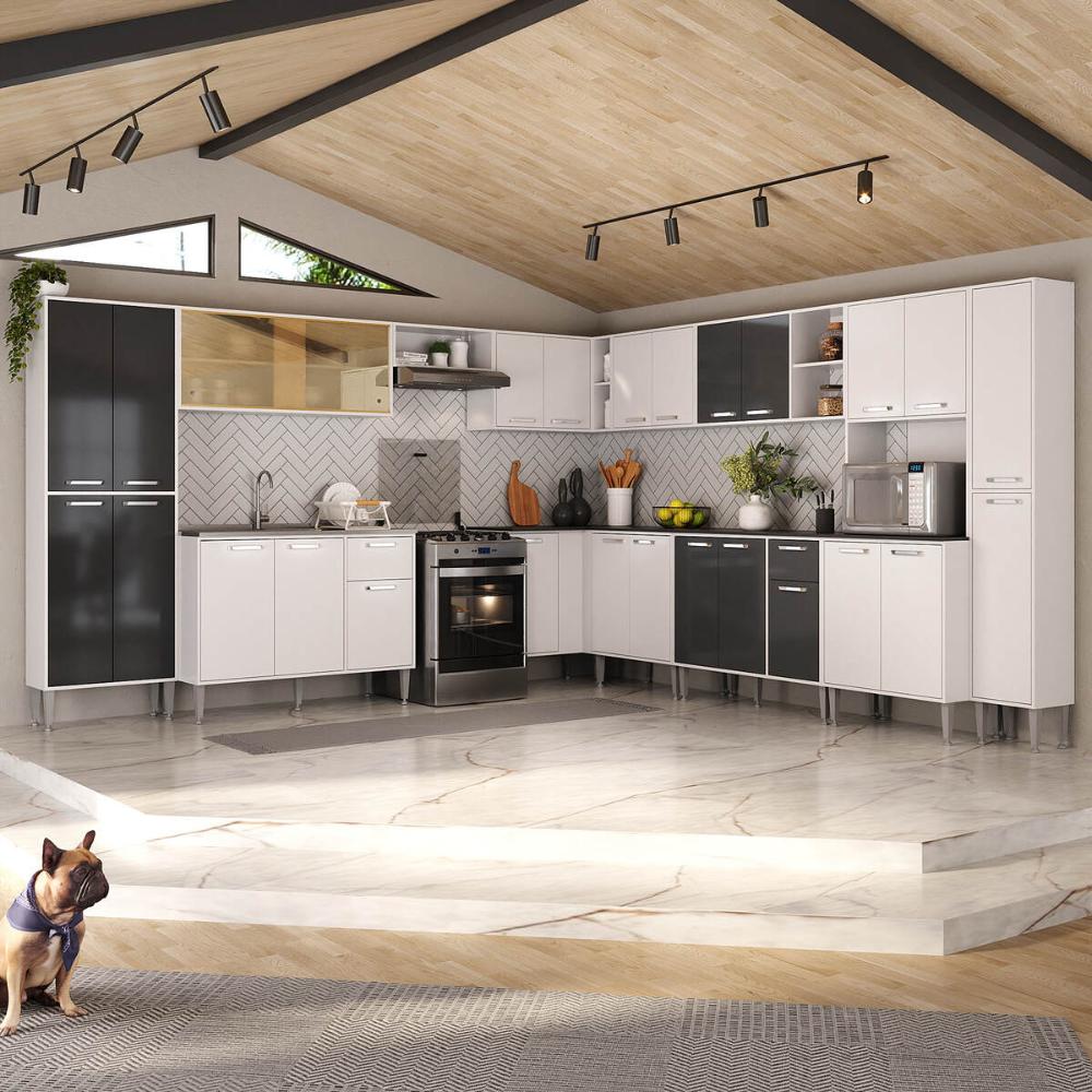 Armário de Cozinha Modulada 12 Pçs com Balcão de Pia Siena Multimóveis MP2240 Branco/Preto
