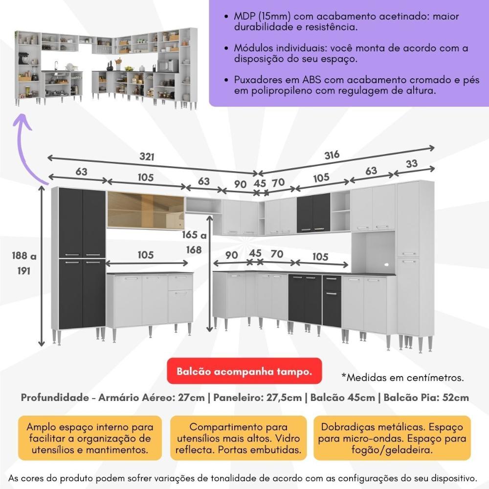Armário de Cozinha Modulada 12 Pçs com Balcão de Pia Siena Multimóveis MP2240 Branco/Preto