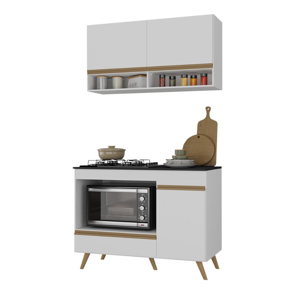Armário de Cozinha Modulada Compacta 105cm com Balcão para Cooktop Veneza Multimóveis MP2260 Branco/Dourado