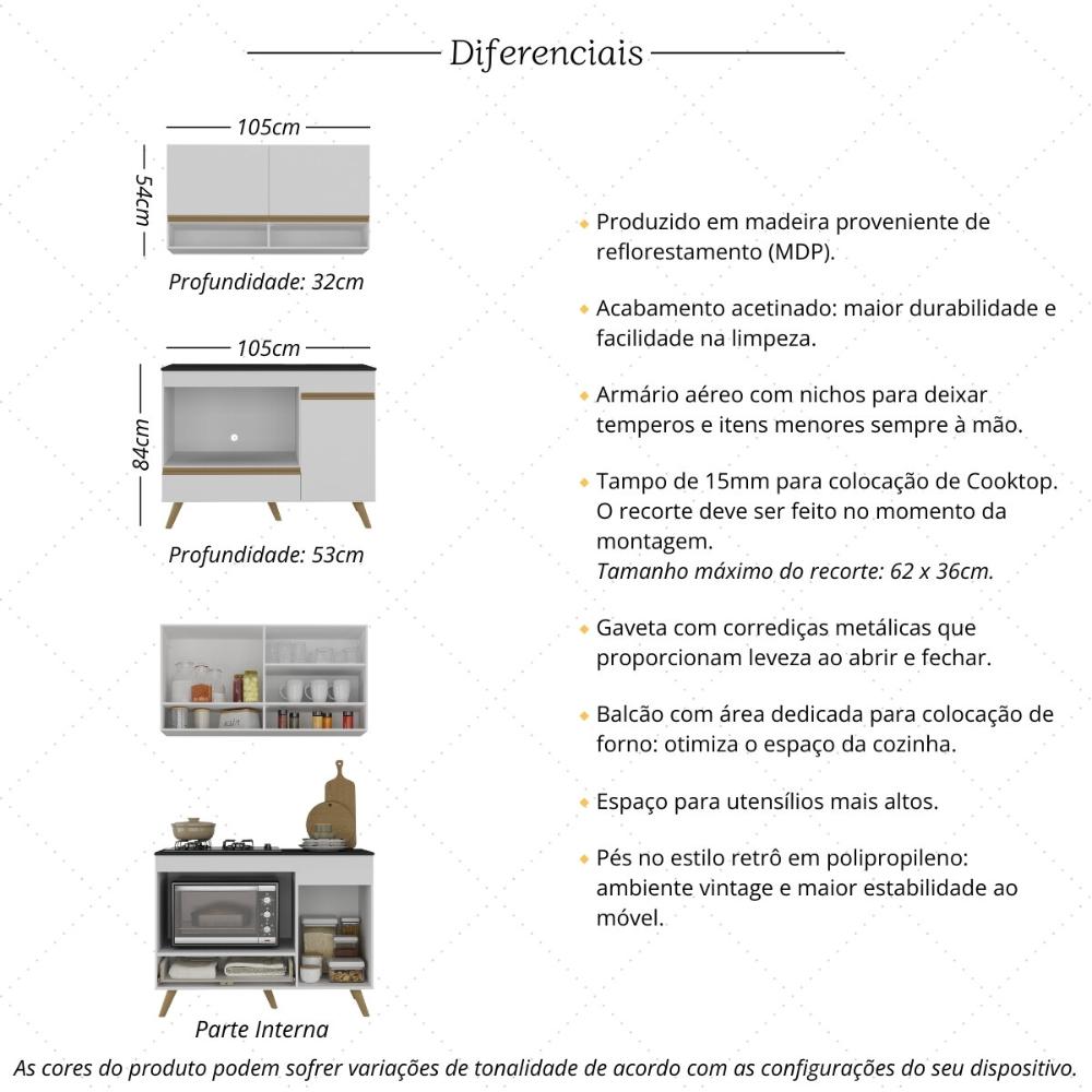 Armário de Cozinha Modulada Compacta 105cm com Balcão para Cooktop Veneza Multimóveis MP2260 Branco/Dourado