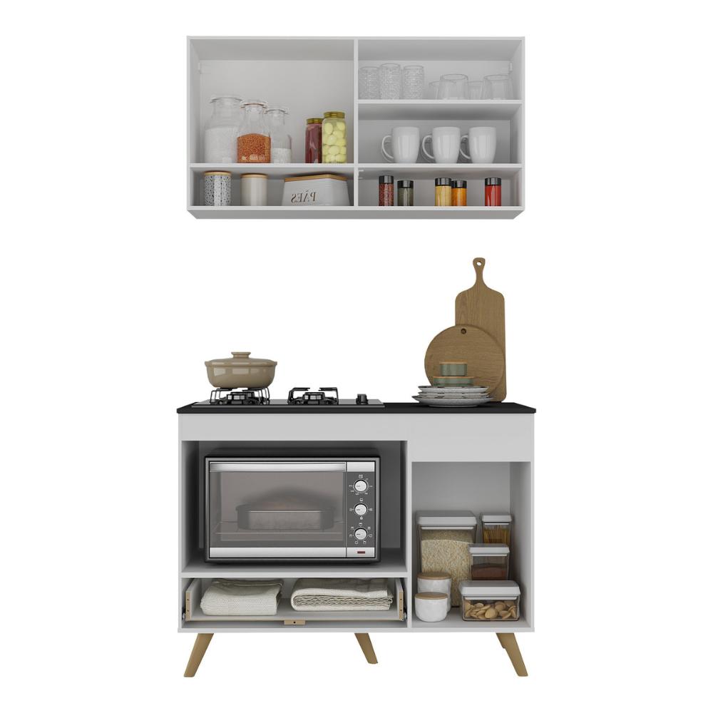 Armário de Cozinha Modulada Compacta 105cm com Balcão para Cooktop Veneza Multimóveis MP2260 Branco/Dourado