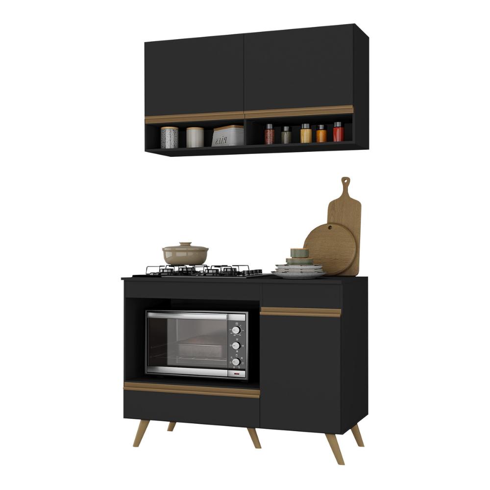 Armário de Cozinha Modulada Compacta 105cm com Balcão para Cooktop Veneza Multimóveis MP2260 Preto/Dourado