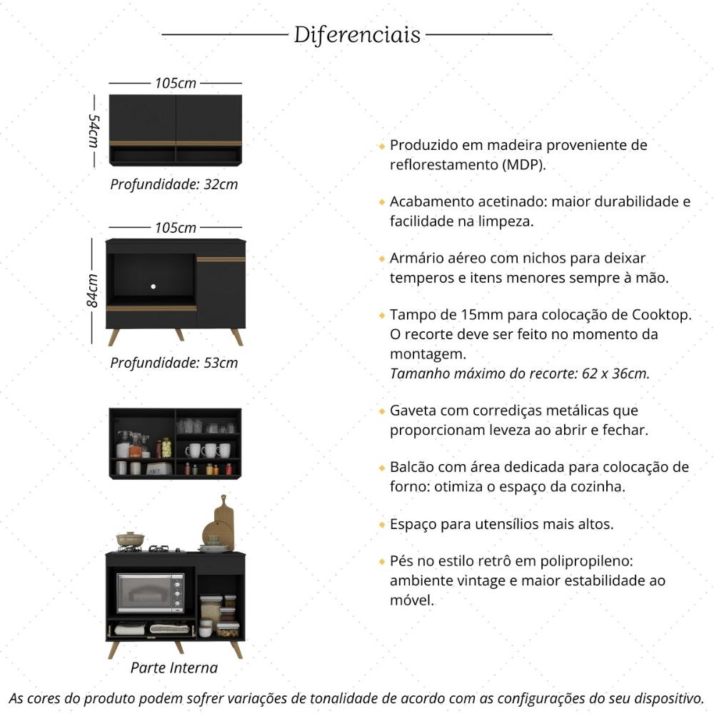 Armário de Cozinha Modulada Compacta 105cm com Balcão para Cooktop Veneza Multimóveis MP2260 Preto/Dourado