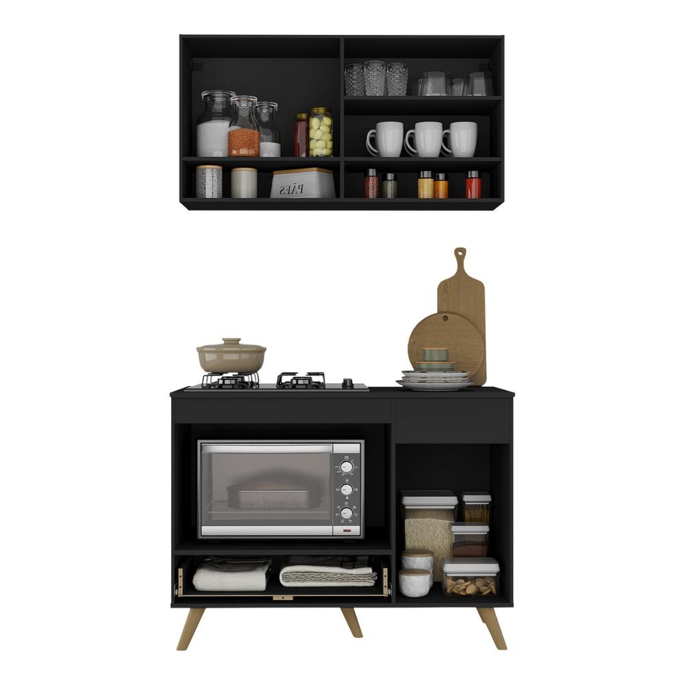 Armário de Cozinha Modulada Compacta 105cm com Balcão para Cooktop Veneza Multimóveis MP2260 Preto/Dourado