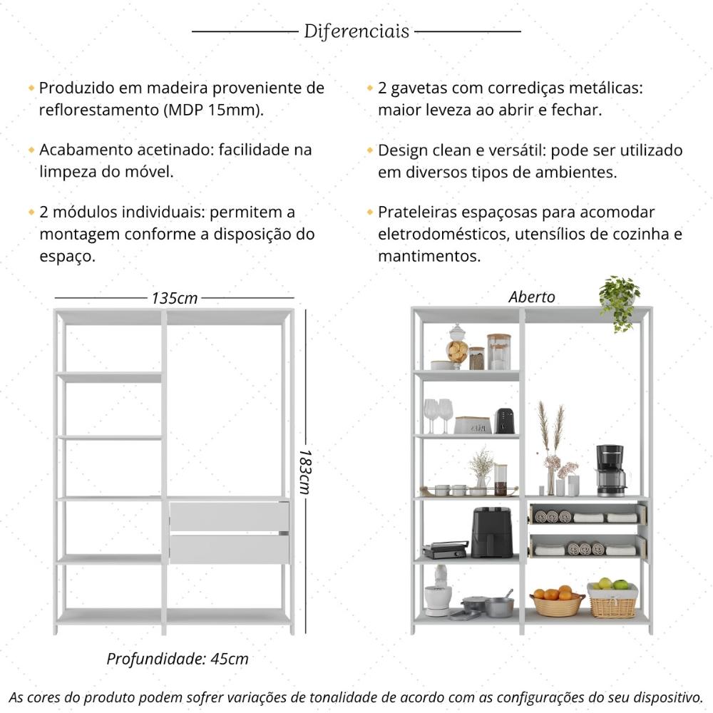 Armário de Cozinha Modulada Compacta 135cm 2 Peças com 2 Gavetas Multimóveis MP2284 Branco