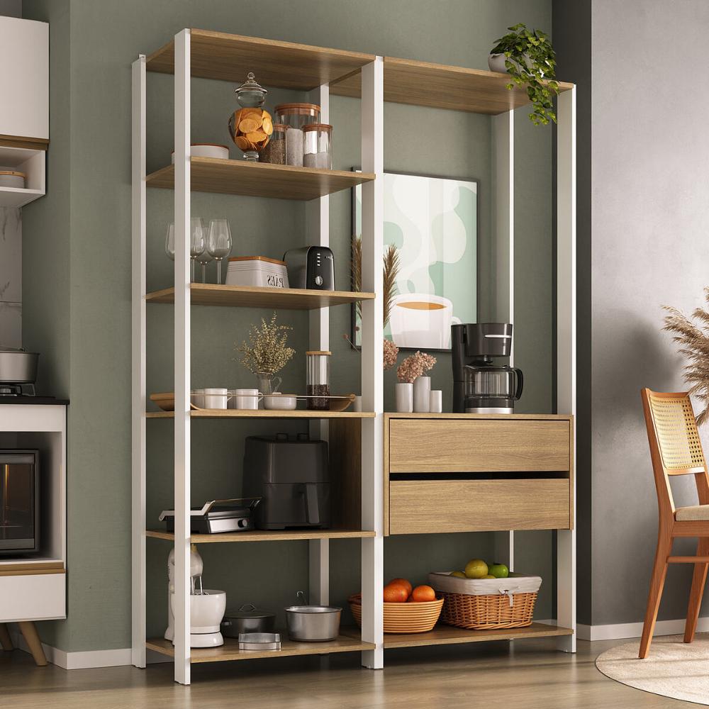 Armário de Cozinha Modulada Compacta 135cm 2 Peças com 2 Gavetas Multimóveis MP2284 Branco/Madeirado