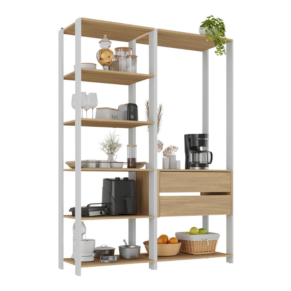 Armário de Cozinha Modulada Compacta 135cm 2 Peças com 2 Gavetas Multimóveis MP2284 Branco/Madeirado