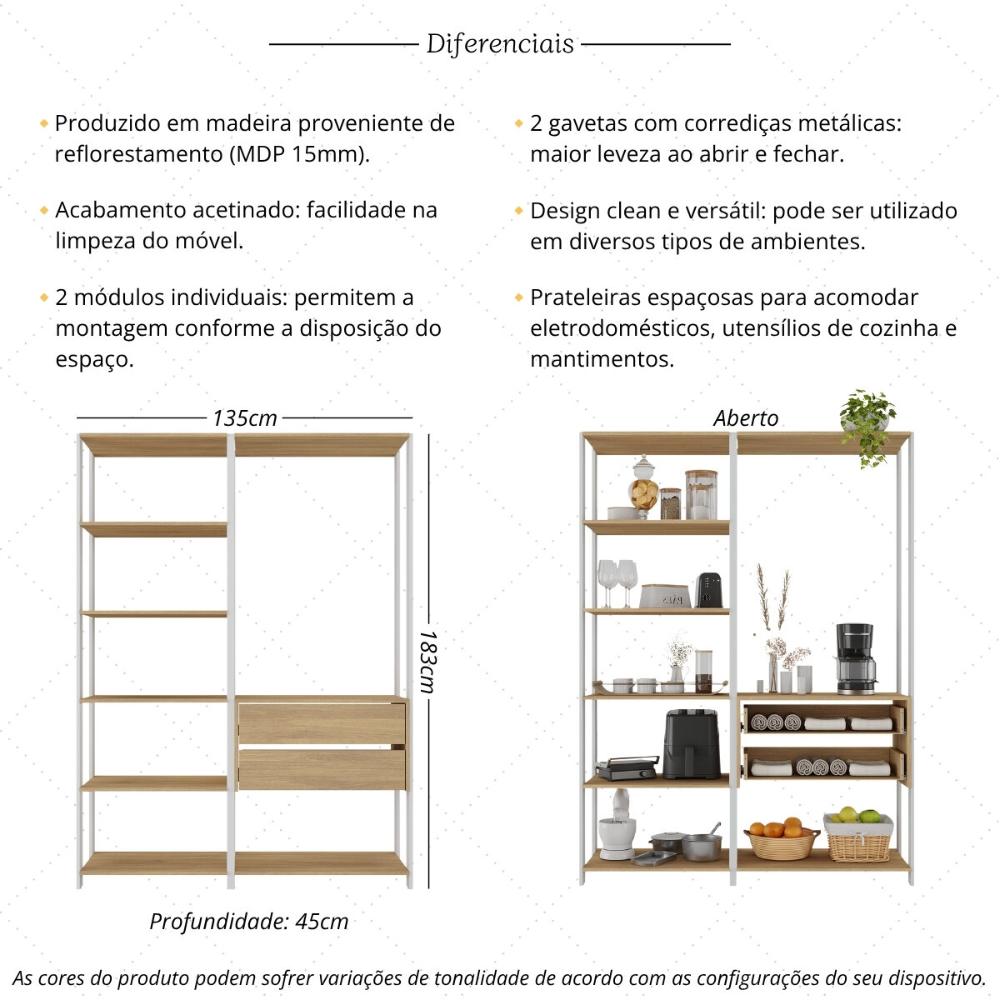 Armário de Cozinha Modulada Compacta 135cm 2 Peças com 2 Gavetas Multimóveis MP2284 Branco/Madeirado