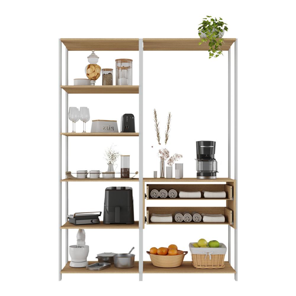 Armário de Cozinha Modulada Compacta 135cm 2 Peças com 2 Gavetas Multimóveis MP2284 Branco/Madeirado