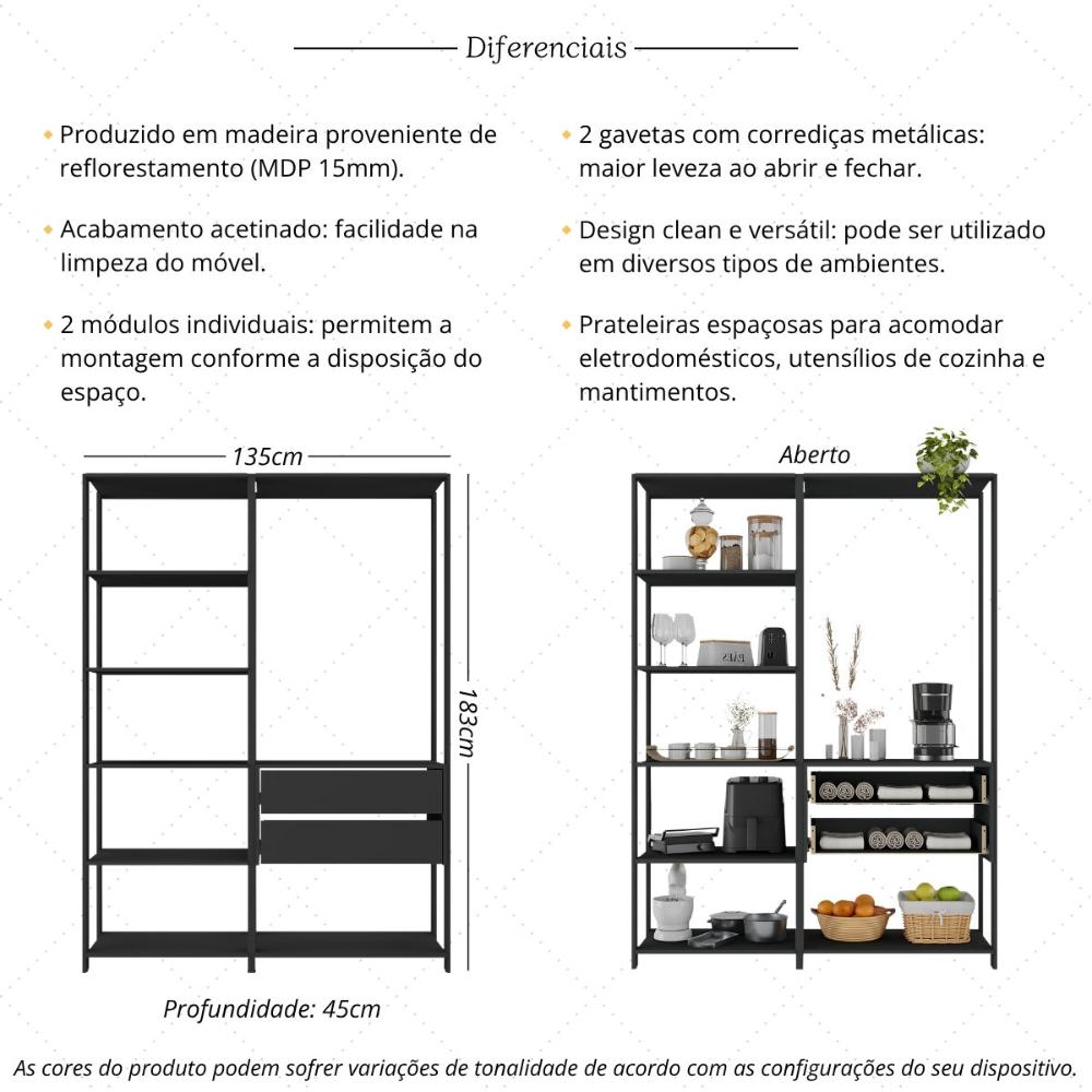 Armário de Cozinha Modulada Compacta 135cm 2 Peças com 2 Gavetas Multimóveis MP2284 Preto