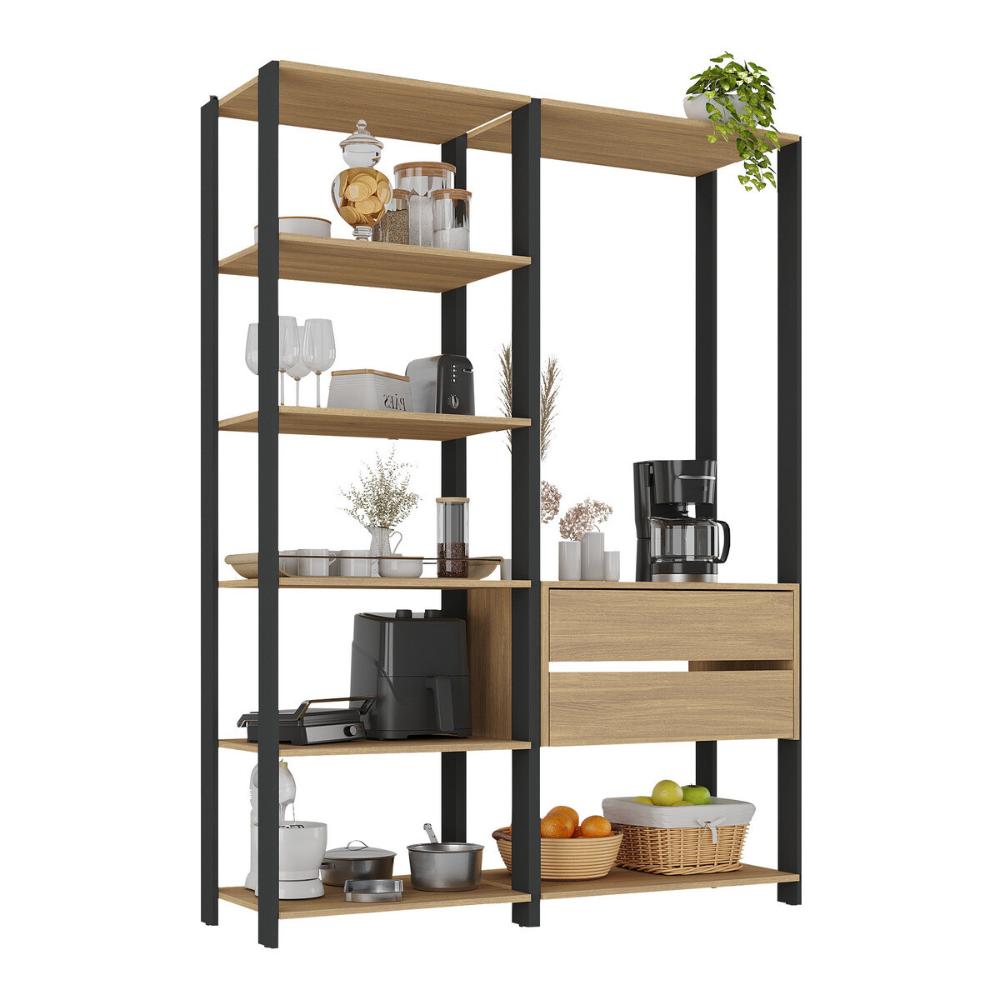 Armário de Cozinha Modulada Compacta 135cm 2 Peças com 2 Gavetas Multimóveis MP2284 Preto/Madeirado