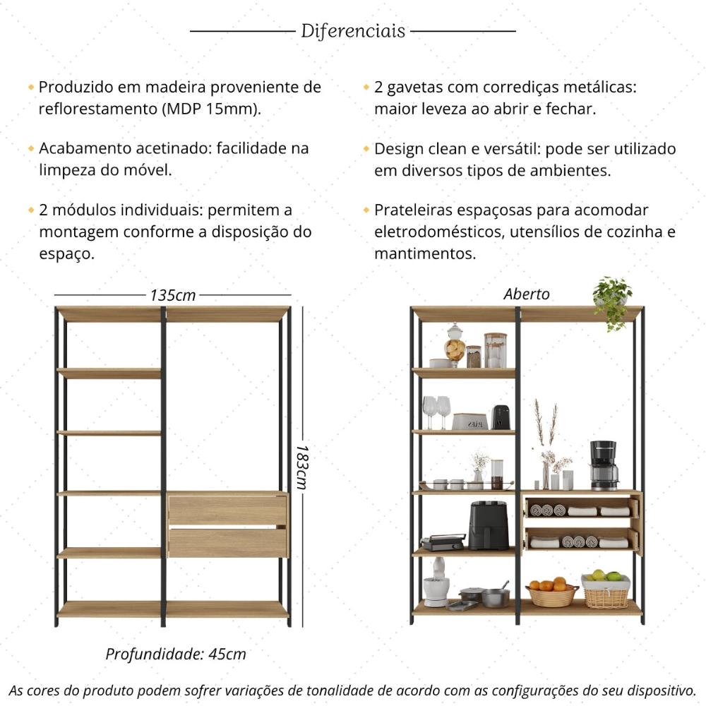 Armário de Cozinha Modulada Compacta 135cm 2 Peças com 2 Gavetas Multimóveis MP2284 Preto/Madeirado