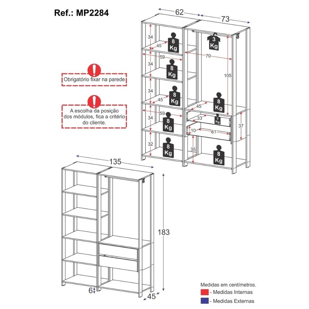 Armário de Cozinha Modulada Compacta 135cm 2 Peças com 2 Gavetas Multimóveis MP2284 Preto/Madeirado
