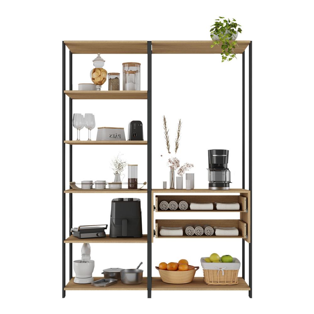 Armário de Cozinha Modulada Compacta 135cm 2 Peças com 2 Gavetas Multimóveis MP2284 Preto/Madeirado