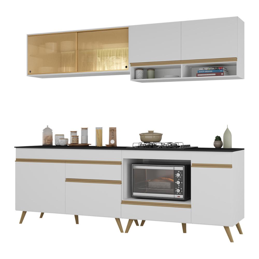 Armário de Cozinha Modulada Compacta 225cm com Balcão para Cooktop Veneza Multimóveis MP2263 Branco/Dourado