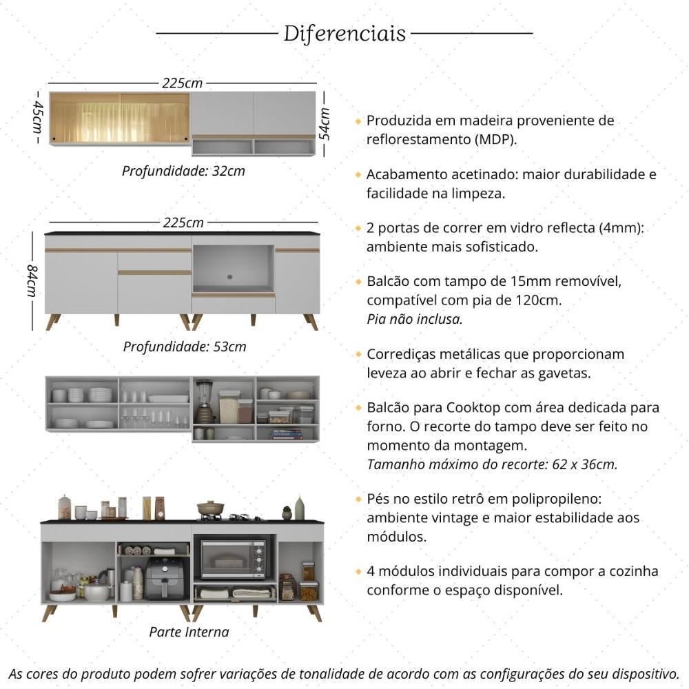 Armário de Cozinha Modulada Compacta 225cm com Balcão para Cooktop Veneza Multimóveis MP2263 Branco/Dourado