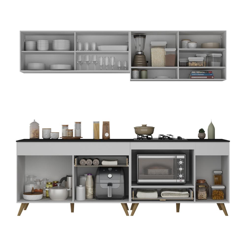 Armário de Cozinha Modulada Compacta 225cm com Balcão para Cooktop Veneza Multimóveis MP2263 Branco/Dourado