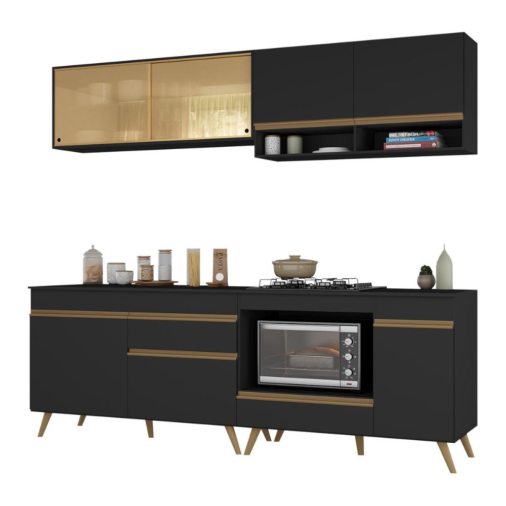 Armário de Cozinha Modulada Compacta 225cm com Balcão para Cooktop Veneza Multimóveis MP2263 Preto/Dourado