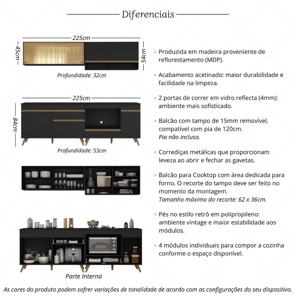 Armário de Cozinha Modulada Compacta 225cm com Balcão para Cooktop Veneza Multimóveis MP2263 Preto/Dourado