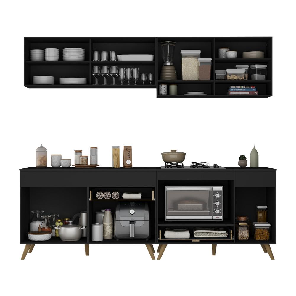 Armário de Cozinha Modulada Compacta 225cm com Balcão para Cooktop Veneza Multimóveis MP2263 Preto/Dourado