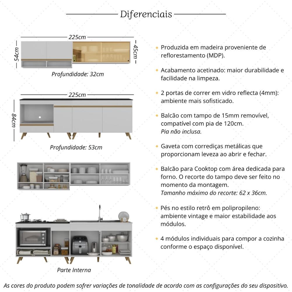 Armário de Cozinha Modulada Compacta 225cm com Balcão para Cooktop Veneza Multimóveis MP2265 Branco/Dourado
