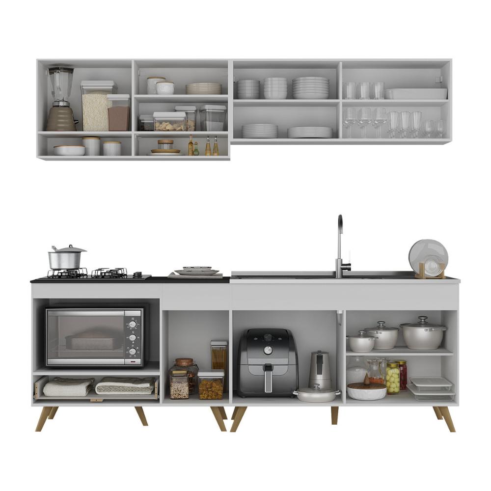 Armário de Cozinha Modulada Compacta 225cm com Balcão para Cooktop Veneza Multimóveis MP2265 Branco/Dourado