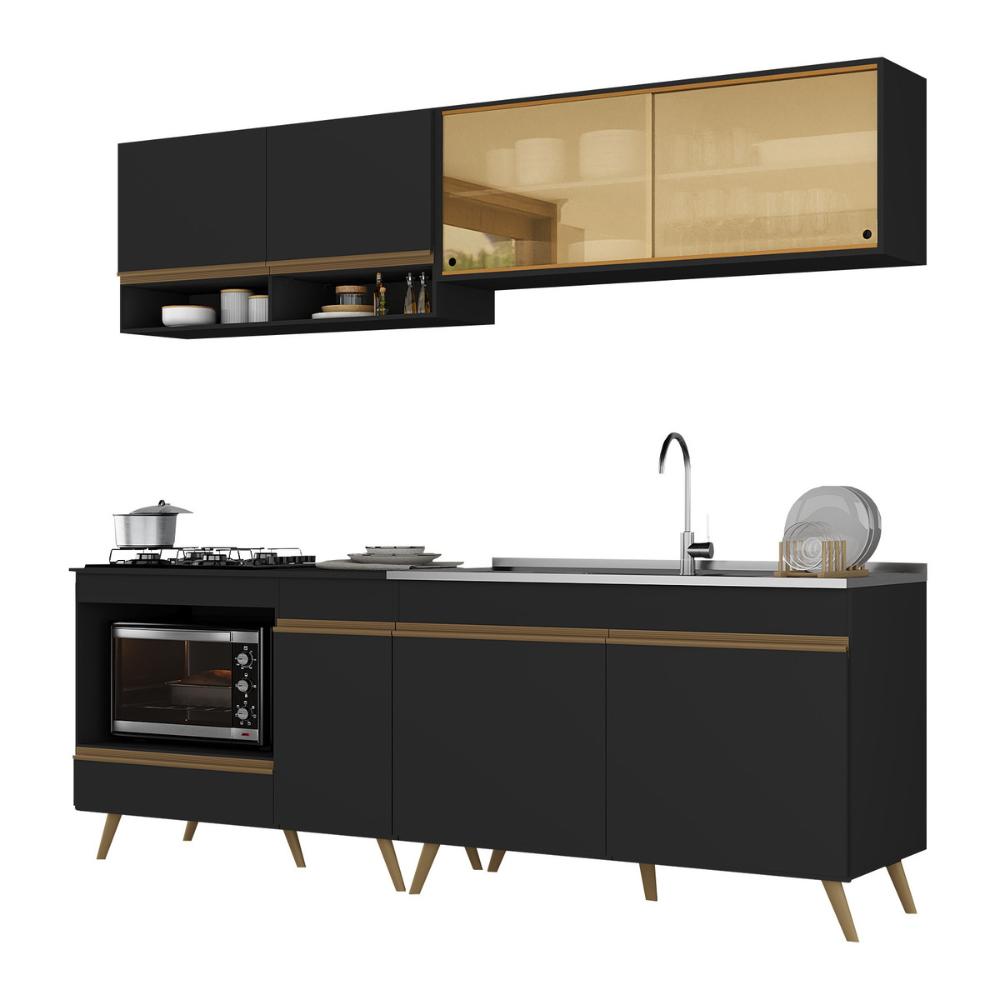 Armário de Cozinha Modulada Compacta 225cm com Balcão para Cooktop Veneza Multimóveis MP2265 Preto/Dourado