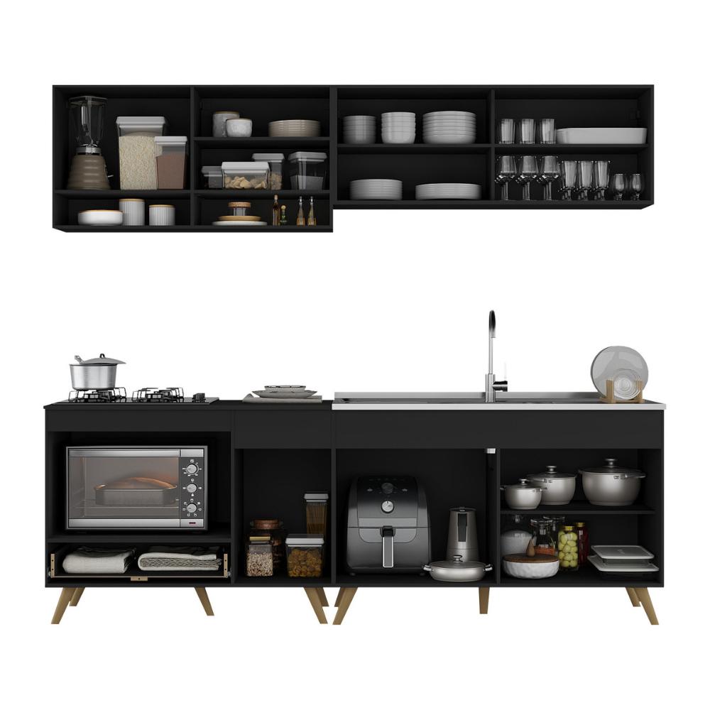 Armário de Cozinha Modulada Compacta 225cm com Balcão para Cooktop Veneza Multimóveis MP2265 Preto/Dourado